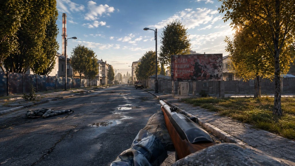 First-person DayZ gameplay on a Chernarus street with a bolt-action rifle